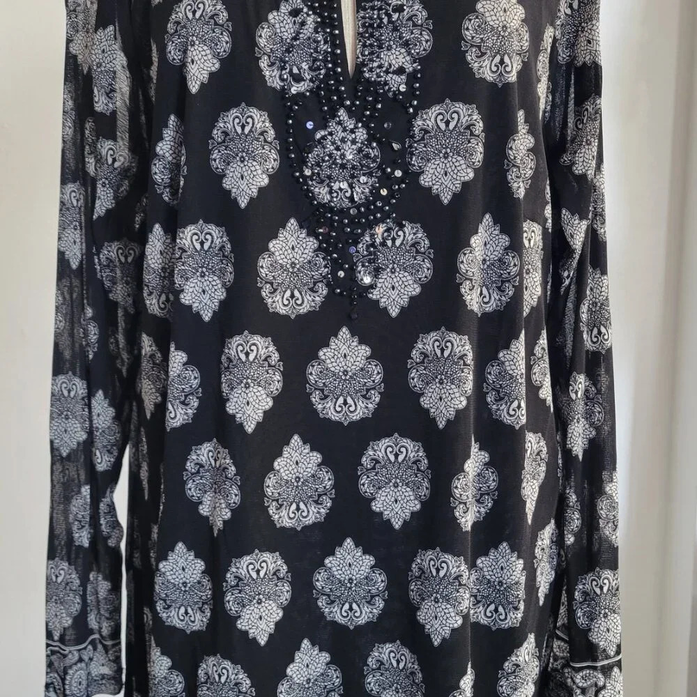 INC Botanical Paisley Black Semi-Sheer Plus Size Woman’s Sequin Top (Size: 2X) - Picture 9 of 12